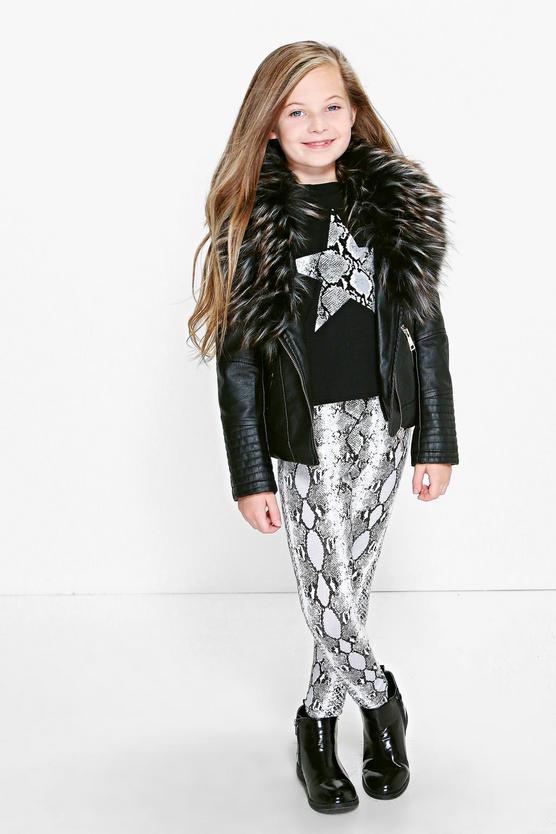 Girls Faux Fur Collar Leather Look Jacket